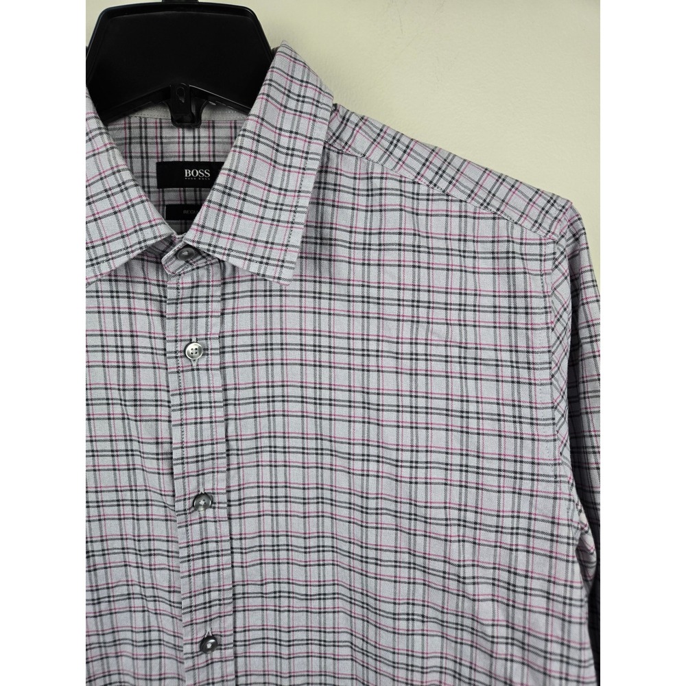Hugo Boss Mens Regular Fit Plaid Button Down Shirt Grey‎ Pink Cotton Size L